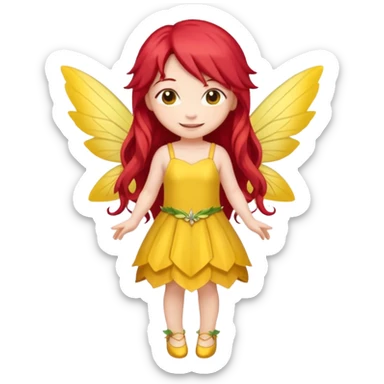 fairy with long red hair, yellow wings, yellow dress, happy, chibi full body sticker