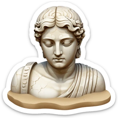 Sunken ancient Greek statue partially buried in sand, underwater with bubbles, partial head and torso of classical statue sticker