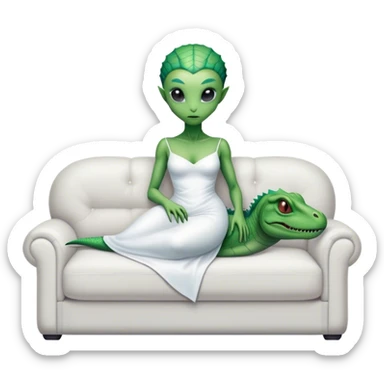 a reptilian alien woman, in white dress, lie on couch comfy, full figure sticker