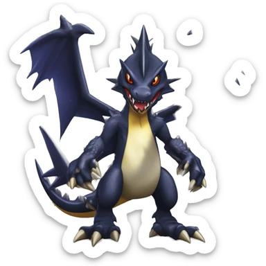 Black, Modern, Cool, Edgy, Badass Punk-style Garchomp-Nargacuga-Sergal Fakémon-Digimon with sharp edgy striking detailed stripe-markings,  full body sticker