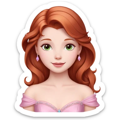 Cinematic Radiant Sleeping Beauty Portrait Emoji, rendered in a realistic, vector style with clean proportions. Show Aurora with a gentle smile, porcelain skin, and beautifully styled auburn hair, wearing her classic pink gown. The image glows with a soft, inviting radiance and high shine, accentuated by a soft glowing outline that enhances her graceful charm. sticker