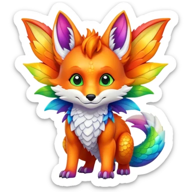 Cartoon Fox dragon hybrid with wings face front full body rainbow colored sticker