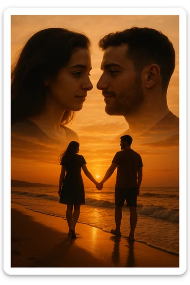 Una doppia esposizione cinematografica di noi di profilo, con un paesaggio di spiaggia al tramonto integrato nella silhouette.
La scena interna ci mostra entrambi camminare sulla sabbia bagnata, tenendoci per mano, con le onde del mare che si infrangono è facile e un cielo colorato dagli ultimi raggi di sole. Atmosfera calda e intima, toni dorati arancioni, dettagli fini ed espressivi, risoluzione 8K. sticker