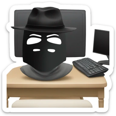 black hat hacker with anonymous mask behind a computer sticker