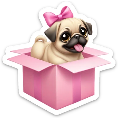 Baby pug with big pink
eyes wearing a pink bow above 1 ear sitting in a gift box  laughing  sticker