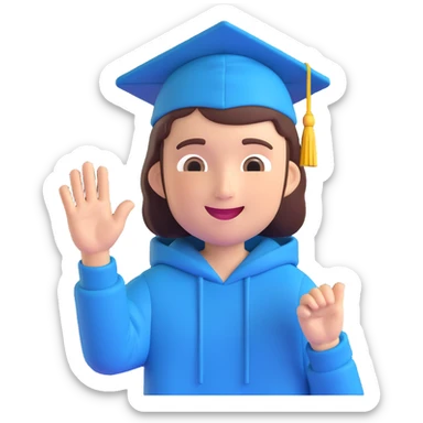 memoji of a college student, waving, wearing a hoodie, energetic and approachable, with a graduation cap sticker