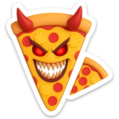 Make the pizza slice with pineapple and devil horns look more evil: sharper horns, glowing red eyes, menacing grin, and a darker, more sinister vibe, with no background. Maintain the style and details of the original images. sticker