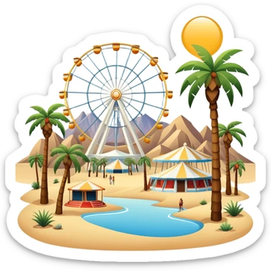 Coachella music festival with palm trees, ferris wheel, and concert stage in the desert sticker