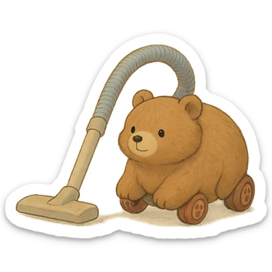 full-body soft brown pastel bear, vacuum cleaner design, tiny paw wheels, rolling adorably sticker