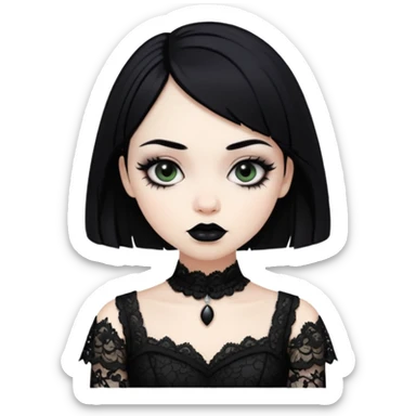 gothic girl pale skin with black lipstick and black hair and eyeliner wearing a black dress lace  sticker