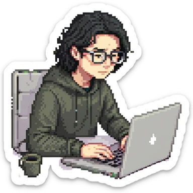 Guy with 3 inch long black hair and glasses on his laptop sticker
