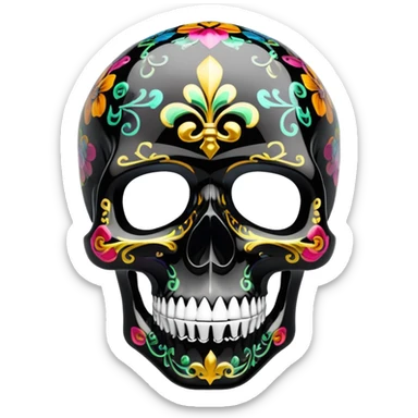 high-end glossy black skull with intricate luxury brand pattern, prismatic color accents inside skull only, professional street art quality, side view sticker