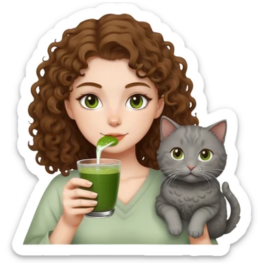 A girl with white skin and medium brown curly hair drinks matcha and carries a gray cat sticker