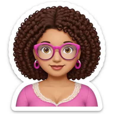 medium-light kinned afro-latina girl with medium length chocolate brown side part curly hair, brown glasses, brown eyes, pink sweetheart necklined top with lace, round wide-ish nose, chubby oblong face sticker