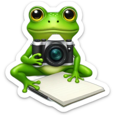 a green frog with a camera around his neck and a pen and pad for writing articles sticker