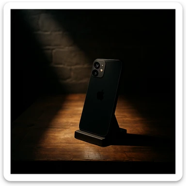 dark room in loft style, iphone lies on a wooden table on a stand, a beam of light shines directly on it and on the table sticker