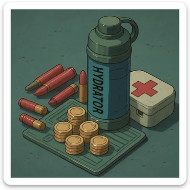 the image is the icon for a videogame  item. futuristic cyberpunk -ready to equip- it is master craftsmanship [ unequipped item ]
It is a pile of miscilaneous loot, some ammunition, credits, first-aid, and a hydrator, neatly bunched together sticker