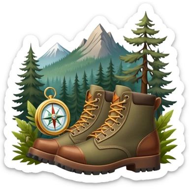 emoji for Hunting Tourism: a hunting rifle, hunting boots and a compass on a forest background, with a silhouette of wildlife in the distance. The icon should capture the adventure and connection with nature in hunting tourism. Transparent background. sticker