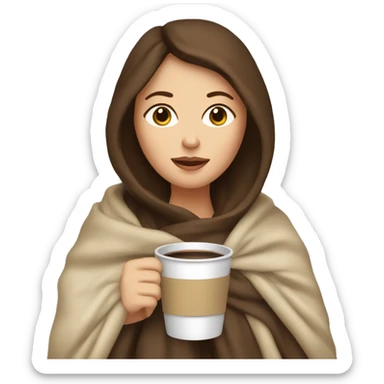 White Woman with brunette hair snuggled in a blanket with a coffee sticker