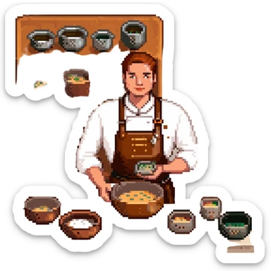A confident journeyman baker working with copper mixing bowls, enamel measuring cups, and a leather-bound recipe book. The environment features warm lighting, brass utensils, and stitched cloth textures. UI elements resemble embossed leather tabs and metallic buttons. sticker