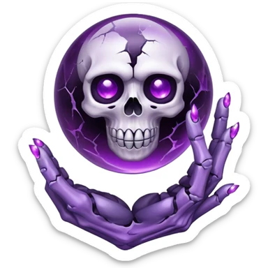 A Discord emoji of a floating, cracked purple crystal orb held by skeletal fingers. Void magic theme, vibrant glow, sharp detail, white background. sticker