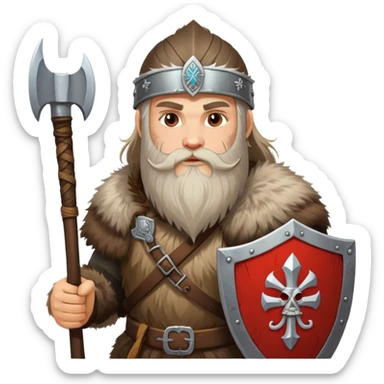 Russian pagan warrior with fur clothing, axe, shield with Slavic symbols, long beard sticker