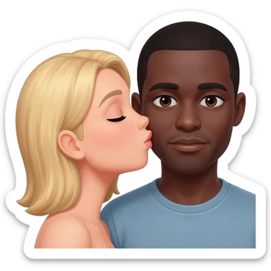 Blonde woman kissing black man with shaved head on the cheek sticker