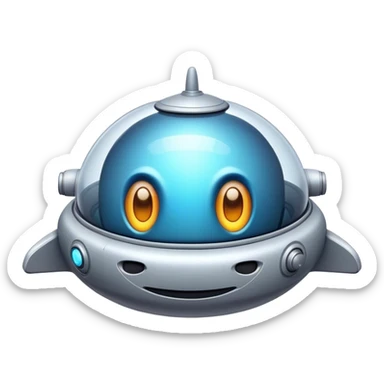 Design a simple, friendly spaceship with a smooth, rounded shape. Add a clear 'face' on the front using glowing lights for eyes and a curved line for a smile, giving it personality. Use a plain background to keep the focus on the ship sticker