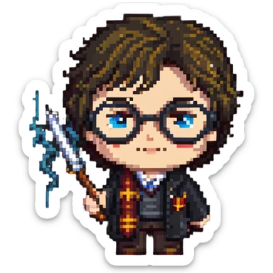 Harry Potter with glasses, lightning scar, and wand sticker