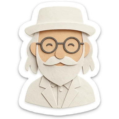 old man with a white hat, slightly long white beard, white moustache, round glasses, white suit, white longish hair, paper craft style sticker
