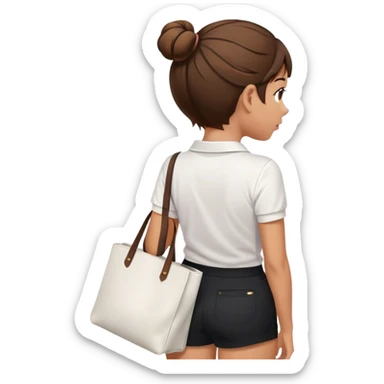 girl back view white polo black shorts brown hair in a bun white totebag sticker