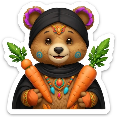 teddy bear, wearing black mayan ancient custome, with carrot half body sticker