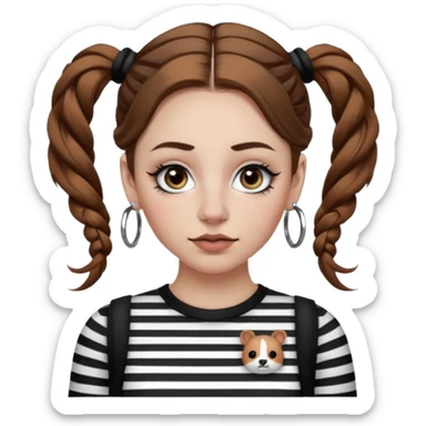 a white girl with brown hair in very low pigtails black eyeliner big false eyelashes with a septum piercing nose piercing big hoop earings dermals close to the eyes one on each side wearing a black and white striped long sleeve shirt sticker