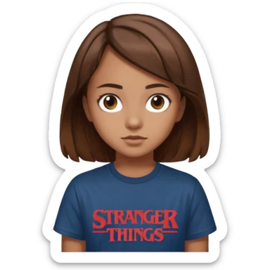 Girl with brown hair and brown eyes with Stranger Things t-shirt sticker