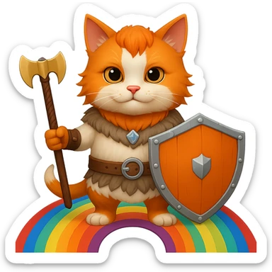 Add a rainbow bridge beneath the valorous Viking cat in Valhalla. Keep the background transparent. The style should match the original image's look and feel. sticker