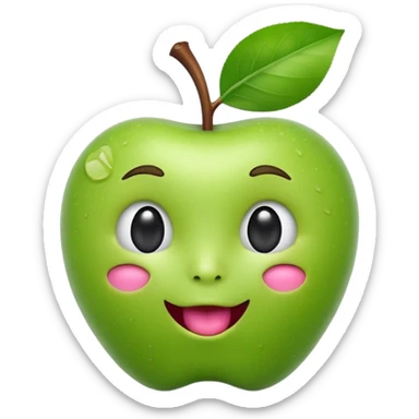3D iOS-style emoji of a green apple with a cute human face: glossy, soft shading, big black eyes, tiny nose, open mouth with tongue, stem and leaf on top, white background sticker