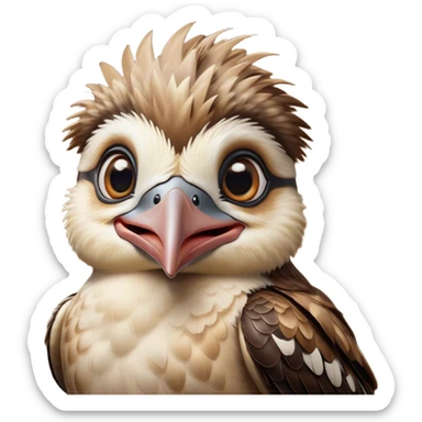 Cinematic Comical Kookaburra Portrait Emoji, Head tilted dramatically with an exaggeratedly amused expression, featuring a strikingly patterned brown and cream plumage with wide, expressive eyes filled with playful disbelief, Simplified yet hilariously expressive features, highly detailed, glowing with a slightly sassy glow, high shine, dramatic yet playful, stylized with an air of cheeky bushland mischief, bright and endearing, soft glowing outline, capturing the essence of a spirited and over‐the‐top kookaburra, so meme‐worthy it feels like it could cackle its way into internet fame instantly! sticker