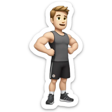 Close up Actively gesturing  with hands Pale skinned Fit Man With the biceps and brown hair in dark gray Sleeveless Mike, black oversize sports shorts, watch and white Sneakers sticker
