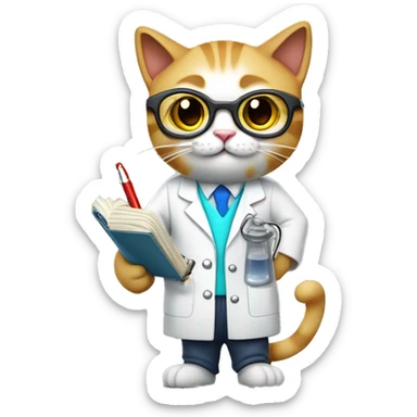Cat wearing chemistry lab coat goggles and has notebook and a pen . show whole body sticker