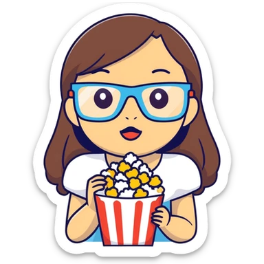 Create a Asian Latina girl with brown hair and eyes eating popcorn and using the 3d glasses they give you at the cinema sticker