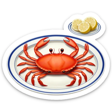 crab on a porcelain platter with lemon  sticker