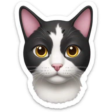 Cat with clear white face, little black spot like mustache under nose, pink ears, and full forehead and under ears the fur is black, yellow eyes, no stripes sticker