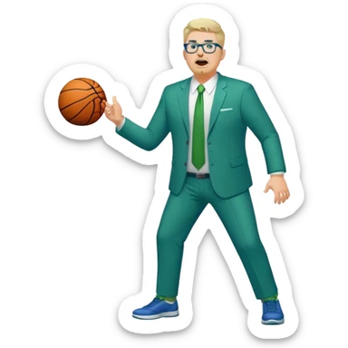 Full Body plus size white male yelling basketball team manager with glasses blondish gray short hair with a goatee wearing blue and green suit sticker