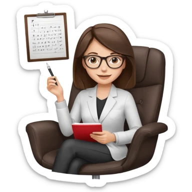 female therapist, brunette, brown eyes, light skin, sitting in a modern chair with notes, wearing glasses sticker