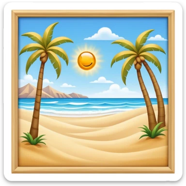 Cinematic Realistic Beach Emoji in a wooden frame, Sunny and bright, with soft golden sand stretching as far as the eye can see, gently lapping waves crashing onto the shore, and a clear, blue sky above. Palm trees sway in the warm breeze, crystal clear water of the waves on the landscape. Soft glowing outline, capturing the essence of a relaxed, joyful beach day filled with sun, sand, and surf! sticker
