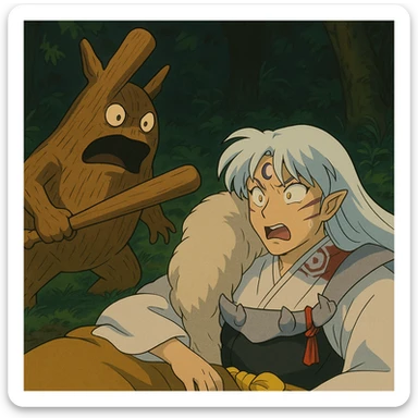Wooden creature holding a baseball bat and scaring sesshomaru While he is sleeping We are shocked sticker