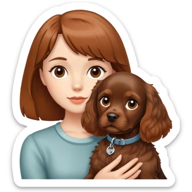 A girl with short bangs holding a brown cocker spaniel sticker
