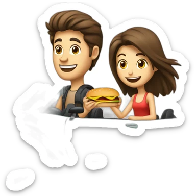 Brunette-boy-and-brunette-girl-roadster-car-driving-with-hamburger sticker
