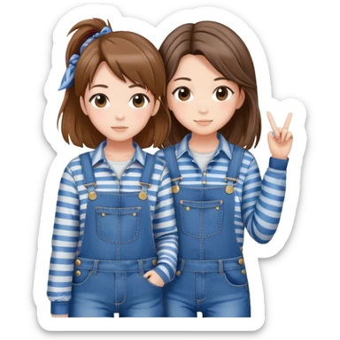 Two anime best friend girls with brown hair, one in striped shirt and denim jacket, one in denim overalls with hair clip sticker