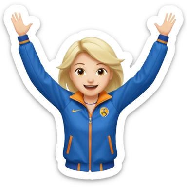A girl in a sporty jacket, jumping slightly while cheering loudly. sticker